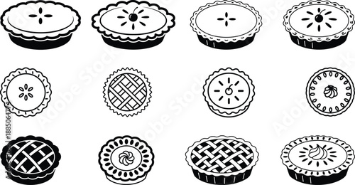 Vector Set of twelve black and white pie with different crust and filling pies dessert food