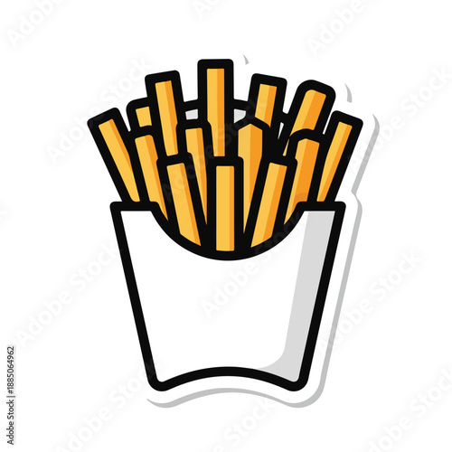 A cartoonish illustration of golden fries in a white container
