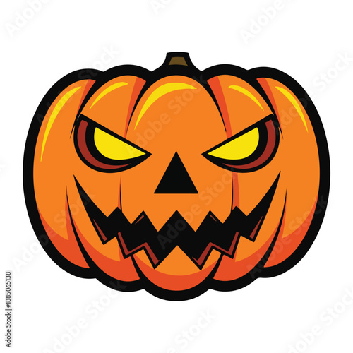 A cartoonish orange pumpkin with a spooky face