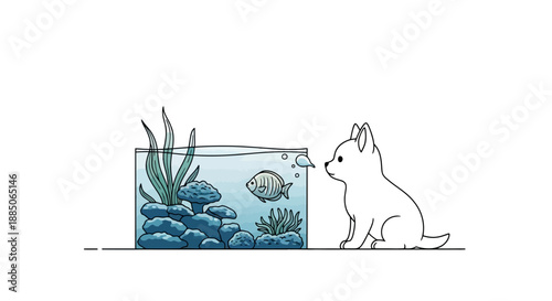 Monochrome puppy character sitting, curiously watching a fish in an aquarium line art illustration.