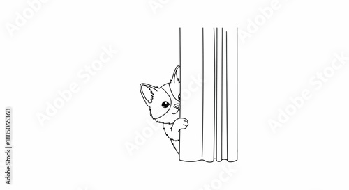 Playful kitten peeking from behind a curtain in a charming monochrome line art illustration.