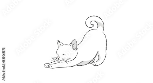 Playful monochrome kitten character stretching body, showing feline flexibility illustration.