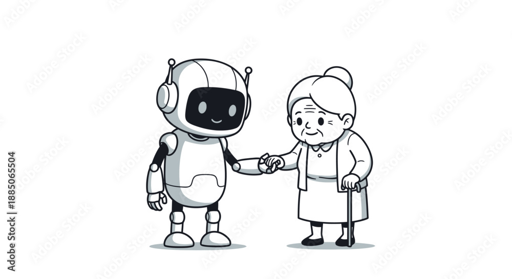 Naklejka premium Robot character assisting an elderly woman with a cane, shown in a supportive line art illustration.
