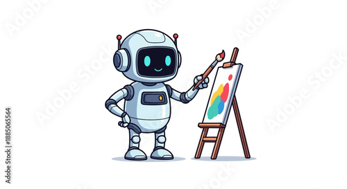 Robot character painting on an easel with a paintbrush, colorful illustration.