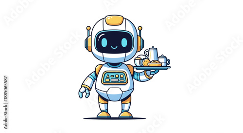 Robot character serving breakfast on a tray, presented in a helpful vector illustration.