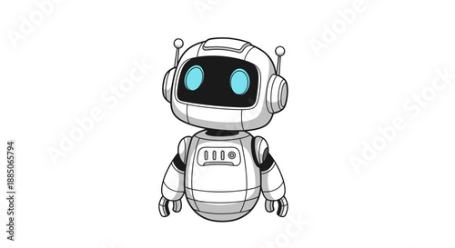 Standing white robot character with glowing blue eyes, presented in a clean vector illustration style.