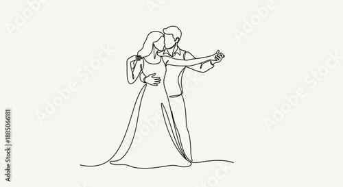 Elegant single line drawing of a bride and groom dancing at their wedding
