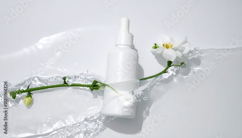A white bottle with a dropper and flowers on a wet surface