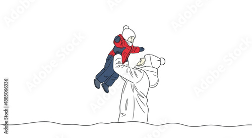 Parent throwing child in the air, winter scene, minimalist line art
