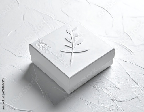 A white box with a leaf design on a textured surface