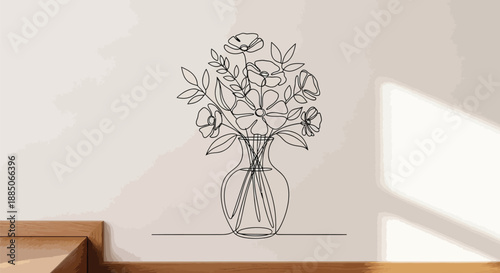 Minimalist line art illustration of a flower bouquet in a vase on a wall
