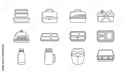 Office and work lunchbox outline icons vector set for UI design