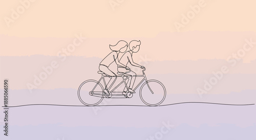 Couple Riding Tandem Bicycle Sunset   Romantic Journey
