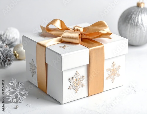 A white gift box with gold ribbon and snowflake decorations on a white surface