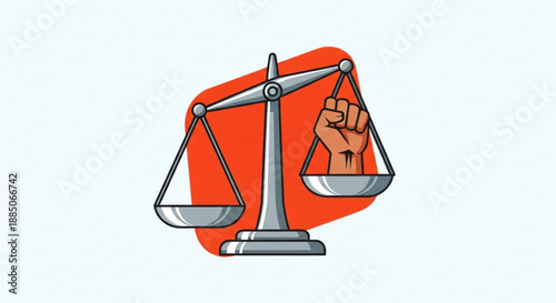 Justice scale with fist on one side symbolizing inequality and social justice against a vibrant orange background