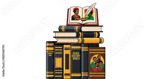 Stack of black and gold books with african american history theme and open book on top with quill pen