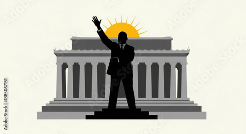 Silhouette of man in suit standing confidently in front of government building with sun rising