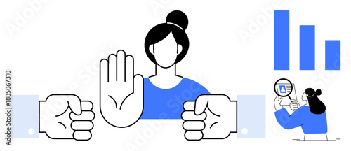 Women empowerment. Female figure showing stop gesture to address workplace discrimination. Women empowerment linked to gender equality and inclusivity. For workplace ethics, HR, equality campaigns