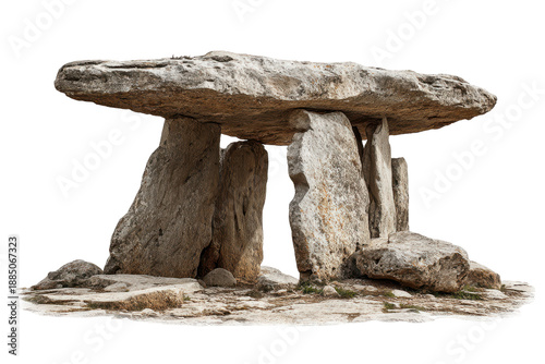 Ancient stone dolmen megalithic tomb isolated on transparent background. Megalithic dolmen structure ancient tomb stone monument isolated on white background.