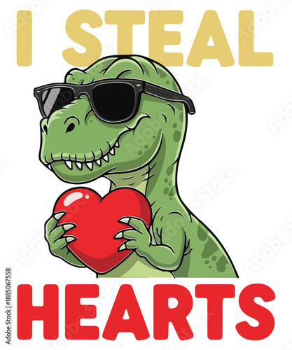 I steal heart Valentine's Day dinosaur Holding Heart Vector Design, valentine's day, dinosaur, dinosaur, T-rex , cute, dinosaur, red heart, trash can, animal lover, holiday, vector,