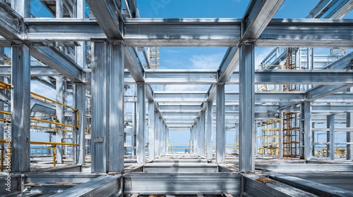 girder. A construction site with steel framework and architectural elements in an industrial setting under natural daylight. real-estate listings.