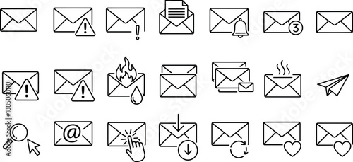 Black line art set of email icons including message notification, paper plane, search, and heart isolated on white background.