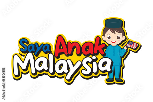 Cute Malay boy cartoon wearing traditional Baju Melayu and songkok, holding Malaysian flag with Saya Anak Malaysia lettering. Perfect for Merdeka celebration, kids design, cultural, educational visual