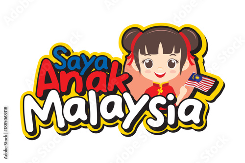 Adorable Chinese Malaysian girl cartoon wearing traditional cheongsam, holding Malaysia flag with Saya Anak Malaysia text. Ideal for multicultural, Merdeka, Malaysia Day and children design projects.