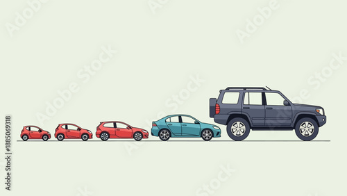Size comparison of various cars in a line