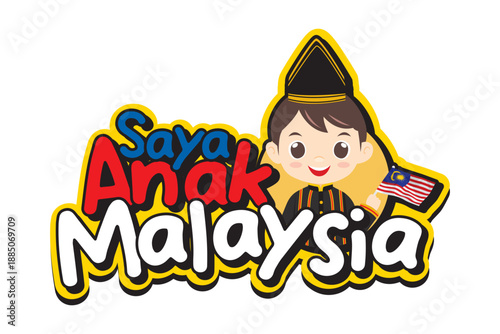 Cute Malaysian Sabahan boy cartoon wearing traditional Kadazan Sabah ethnic costume, holding Malaysian flag with Saya Anak Malaysia lettering. Perfect for unity, heritage and cultural celebration 