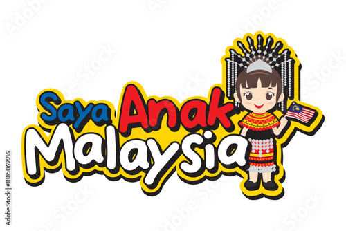 Adorable Malaysian Sarawakian Iban girl cartoon with traditional ethnic headdress, holding Malaysia flag and Saya Anak Malaysia text. Ideal for cultural diversity, unity, Merdeka