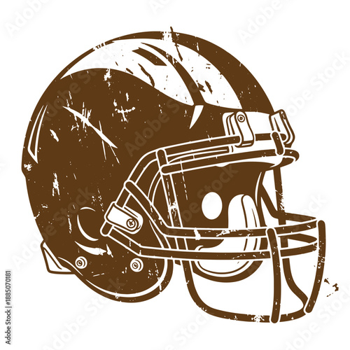 Drawing Vintage grunge  texture American football helmet with face mask and chin strap  side view  sports equipment