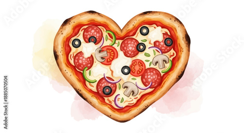 Heart-Shaped Pizza Illustration with Toppings and Herbs on a Clean Background from a Direct Viewpoint