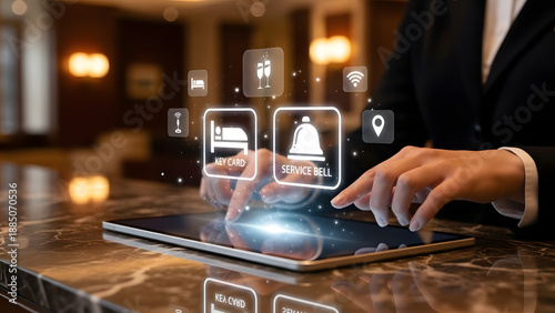 Businessperson interacting with modern hotel technology interface on tablet
