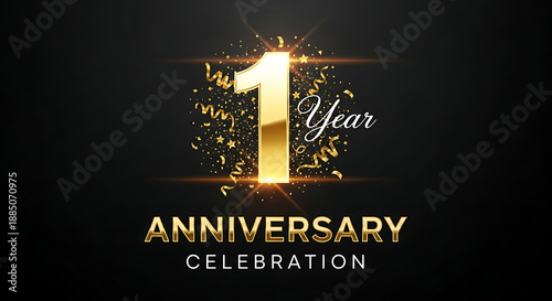 Elegant one year anniversary celebration with golden number and confetti design