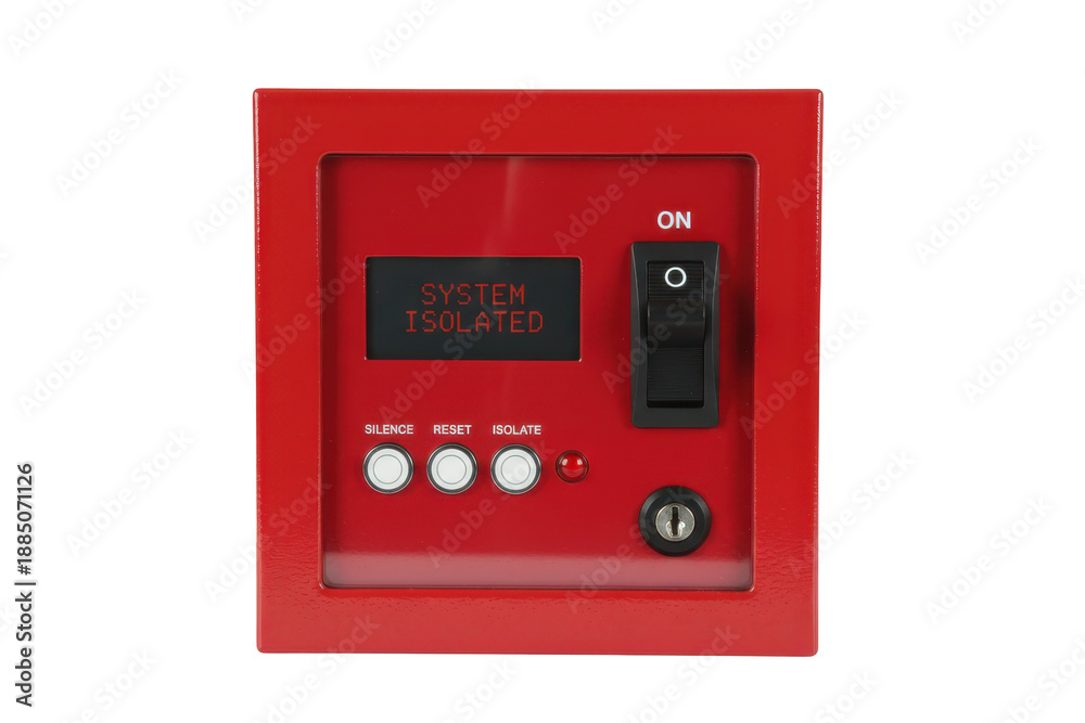 Fototapeta premium Red Fire Alarm Control Panel with LCD Display and Key Switch