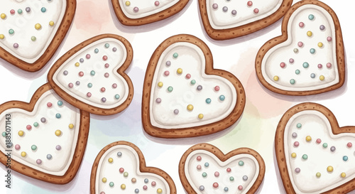 Heart-shaped cookies with white icing and colorful sprinkles arranged in a scattered pattern on a soft pastel background viewed from directly above