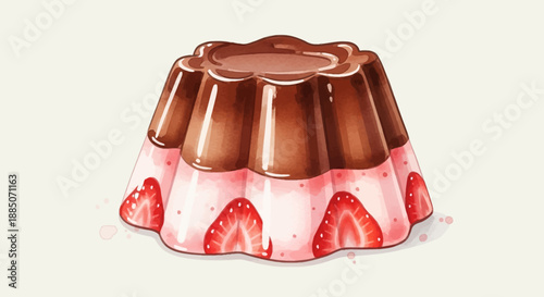 Dessert illustration of chocolate pudding with strawberries in a mold viewed from above