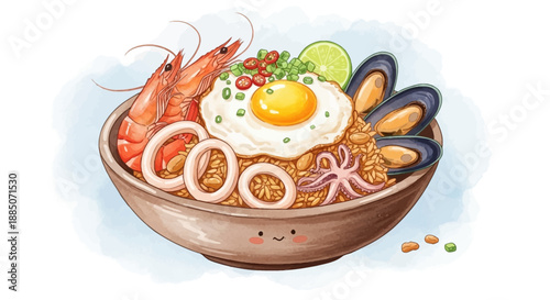A bowl of seafood bibimbap with shrimp, squid, and egg, served with a side of lime, viewed from above in a casual dining setting