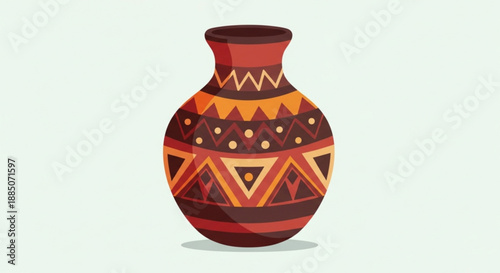 Vibrant clay vase with intricate geometric patterns in shades of red orange and yellow on a light background