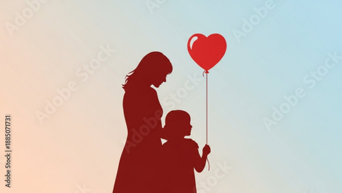 Mother and Child Silhouette with Heart Balloon against Sunset Background