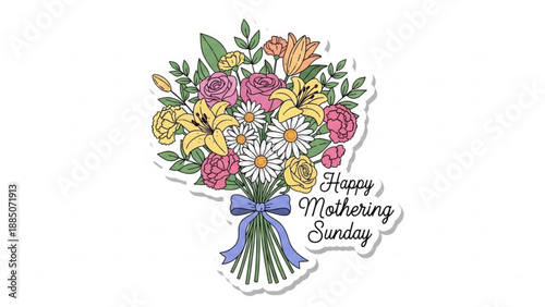 Colorful Flowers Bouquet with Happy Mothering Sunday Greeting Card Isolated on White