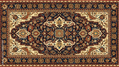 Traditional Persian Carpet with Intricate Floral Pattern, Ornamental Design, Vintage Rug and Isolated on None