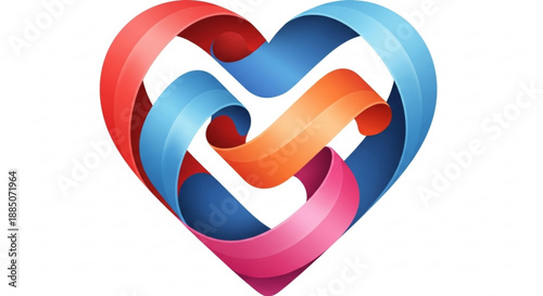 Vibrant intertwined heart symbol with colorful ribbon design on white background
