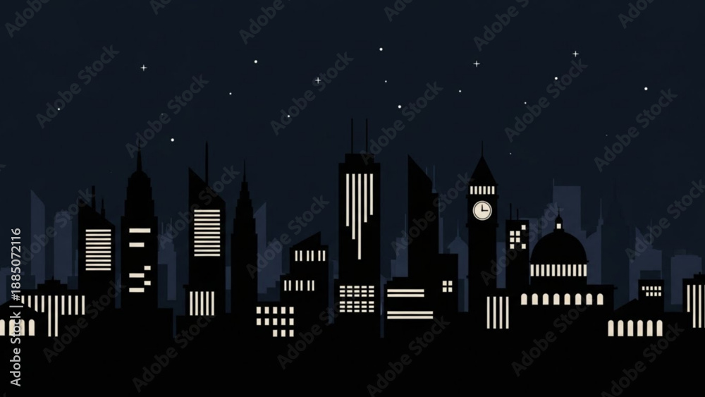 Fototapeta premium City Skyline at Night with Clock Tower and Stars