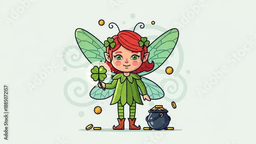 Red Haired Cartoon Fairy with Green Dress and Wings Holding Shamrock near Pot of Gold