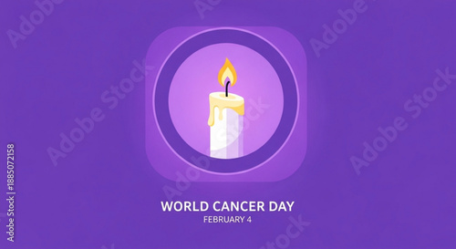 World cancer day awareness graphic with lit candle on purple background symbolizing hope and solidarity on february 4th