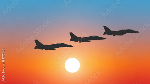 Military Jets Flying in Formation during Sunset