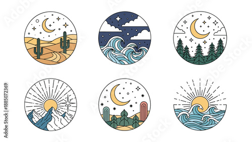 Set of circular nature landscapes showing desert cactus ocean waves forest trees mountain sunrise and crescent moon night scenes.