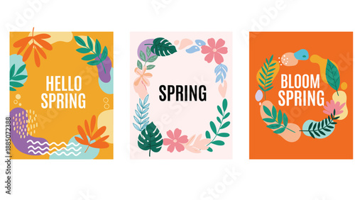Set of three spring themed posters with hello spring text surrounded by abstract leaves and colorful floral elements in flat style.